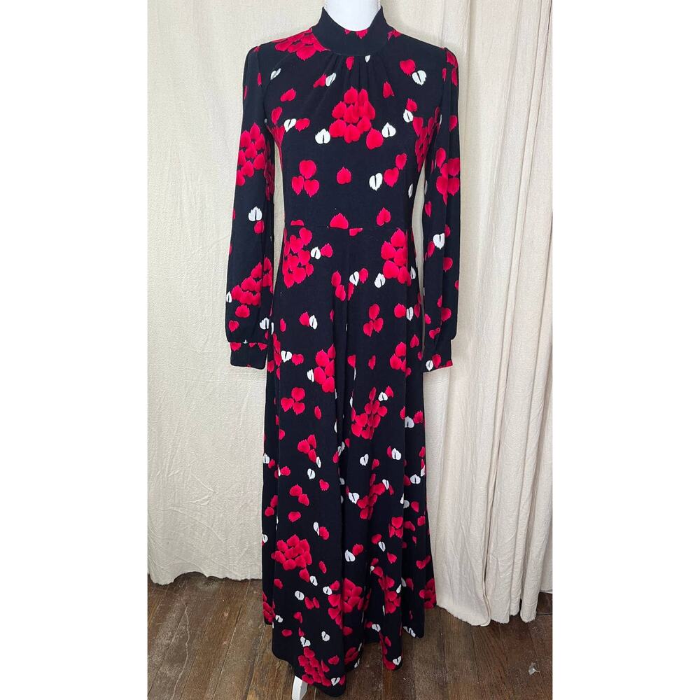 1970s Pink Heart Leaf Floral Oriental Romantic Coquette Whimsigoth Maxi Dress M